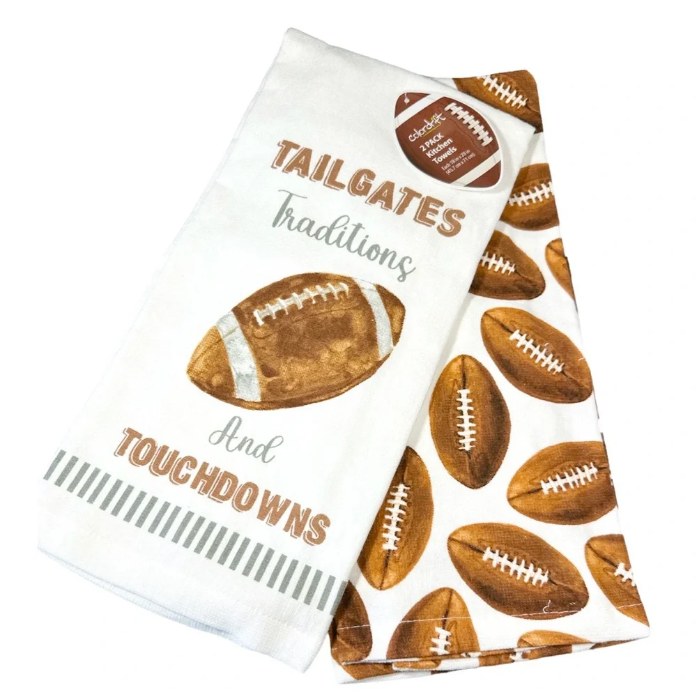 NEW Colordrift TAILGATES TRADITIONS AND TOUCHDOWNS Football Kitchen Towel Set/2